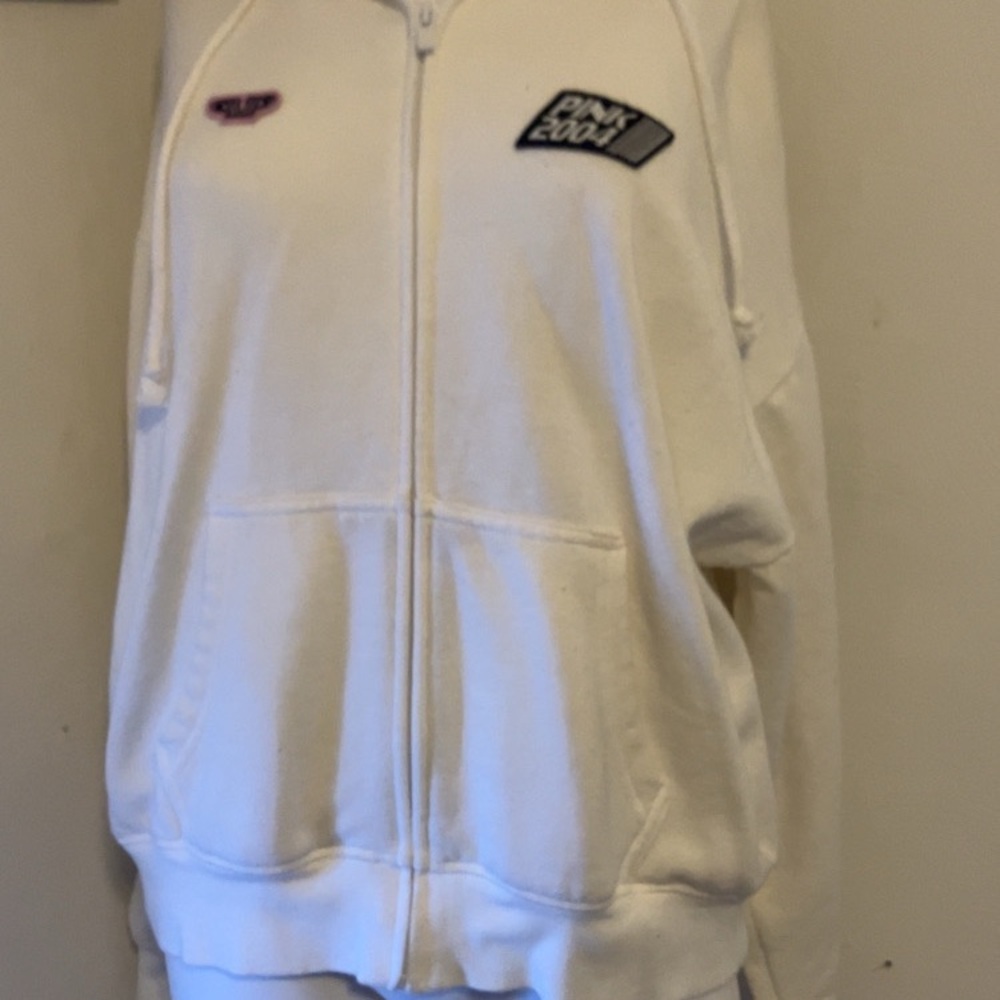 PINK Victoria's Secret White Zip-Up Hoodie with Small Logos